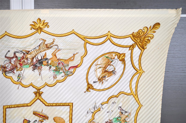 Authentic HERMES Pleats Scarf "LES CHEVAUX DES MOGHOLS" Silk White Box 6309I