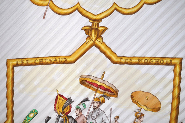 Authentic HERMES Pleats Scarf "LES CHEVAUX DES MOGHOLS" Silk White Box 6309I