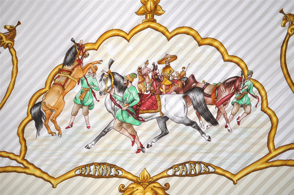 Authentic HERMES Pleats Scarf "LES CHEVAUX DES MOGHOLS" Silk White Box 6309I