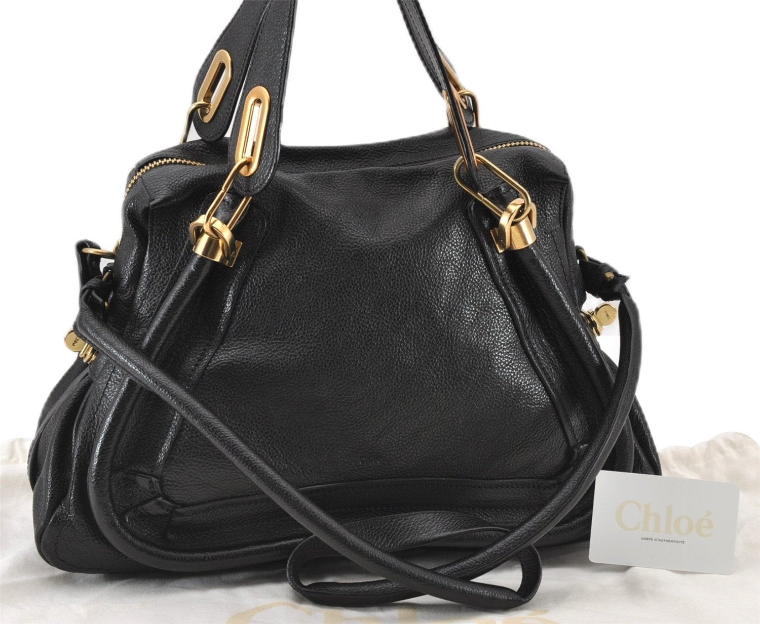 Authentic Chloe Paraty Medium 2Way Shoulder Hand Bag Purse Leather Black 6311F