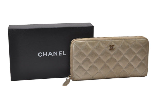 Authentic CHANEL Caviar Skin Matelasse Long Wallet Purse CC Logo Gold Box 6312I