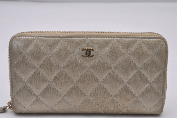 Authentic CHANEL Caviar Skin Matelasse Long Wallet Purse CC Logo Gold Box 6312I