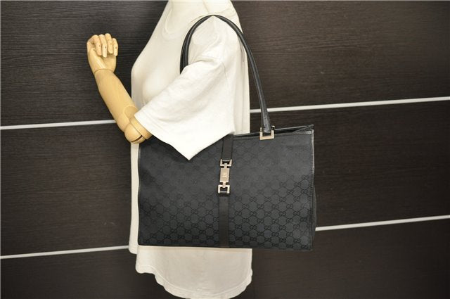 Authentic GUCCI Jackie Shoulder Tote Bag GG Canvas Leather 0021074 Black 6318D