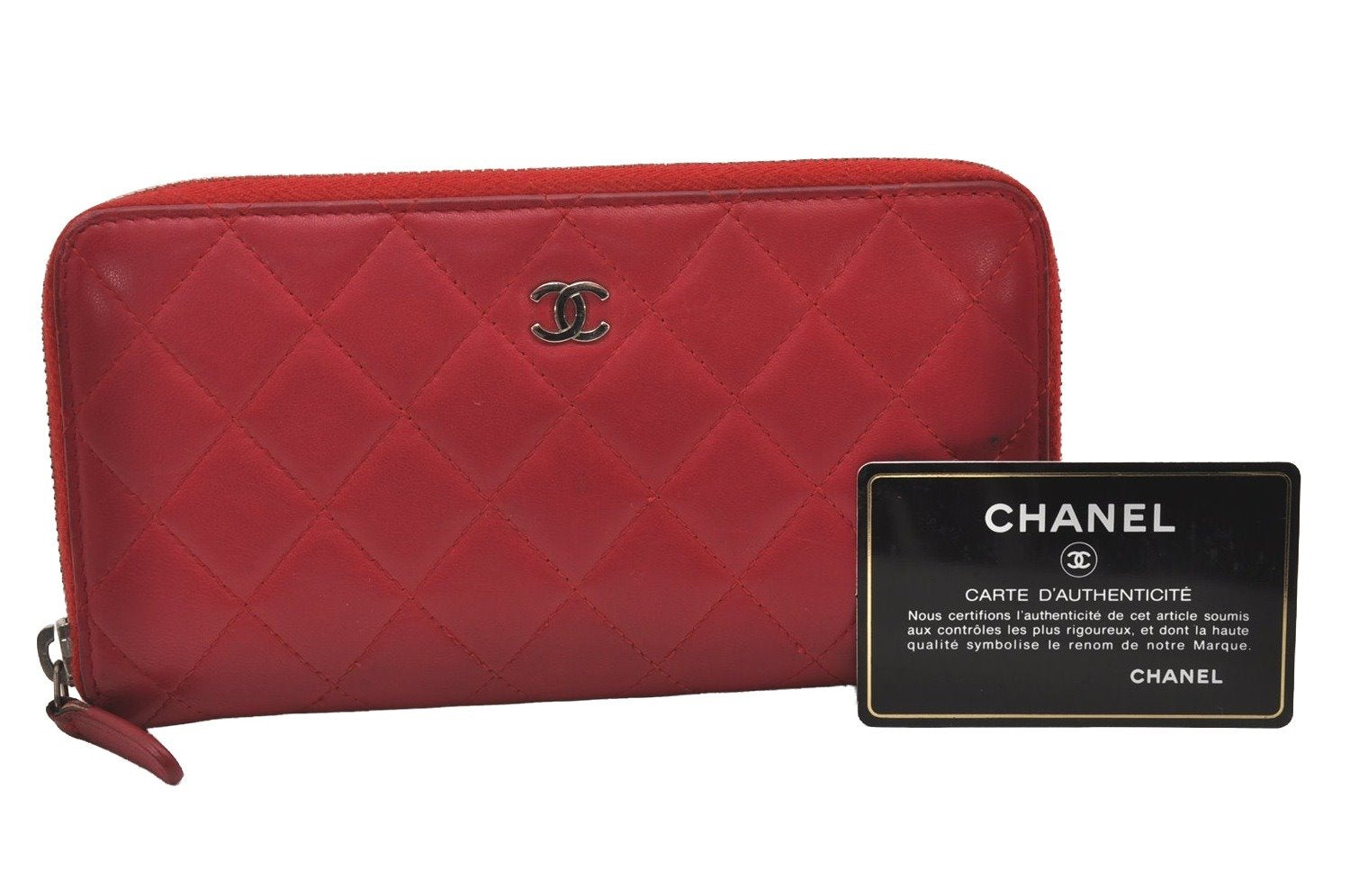 Authentic CHANEL Lamb Skin Matelasse Vintage Long Wallet Purse Red CC 6323I