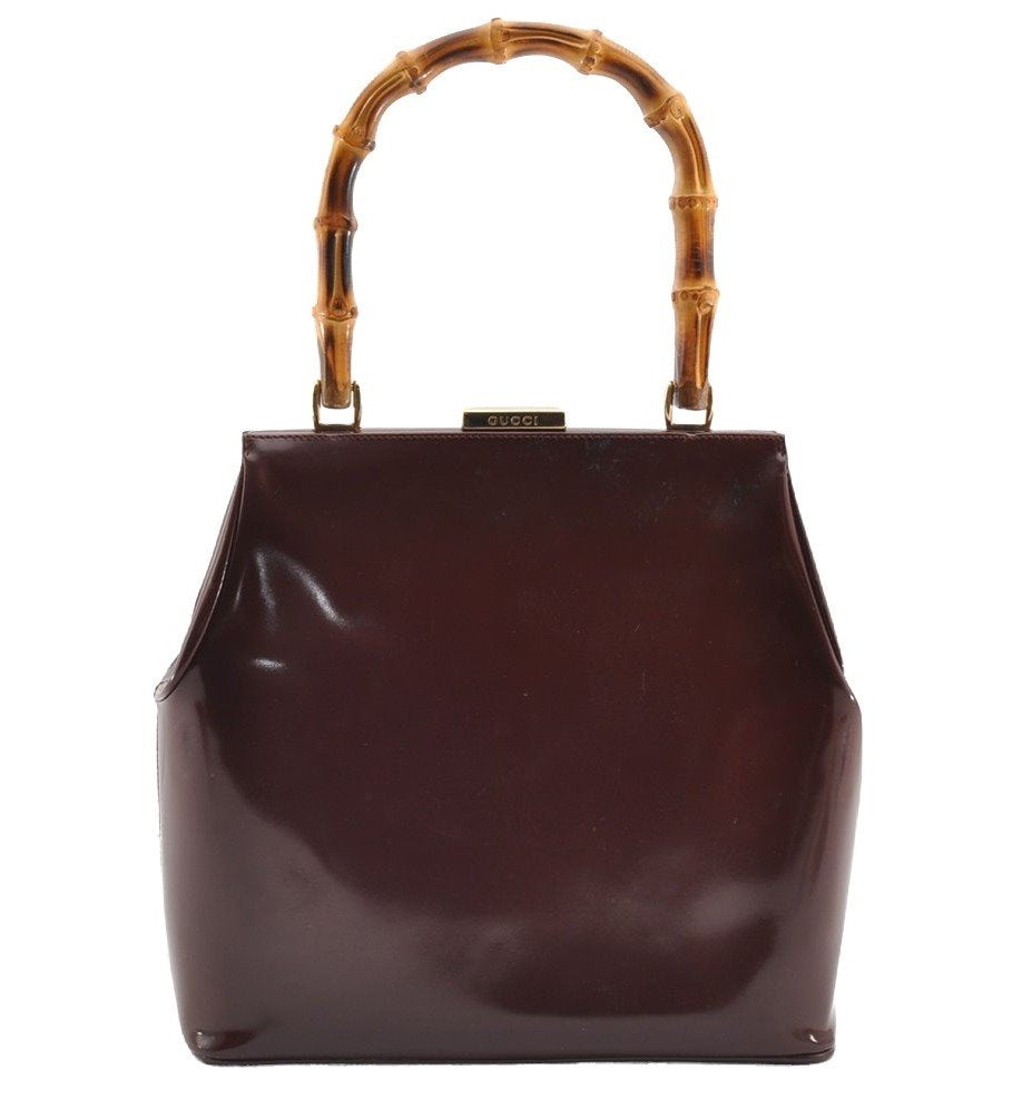 Authentic GUCCI Bamboo Hand Shoulder Bag Purse Enamel Bordeaux Red Junk 6324I