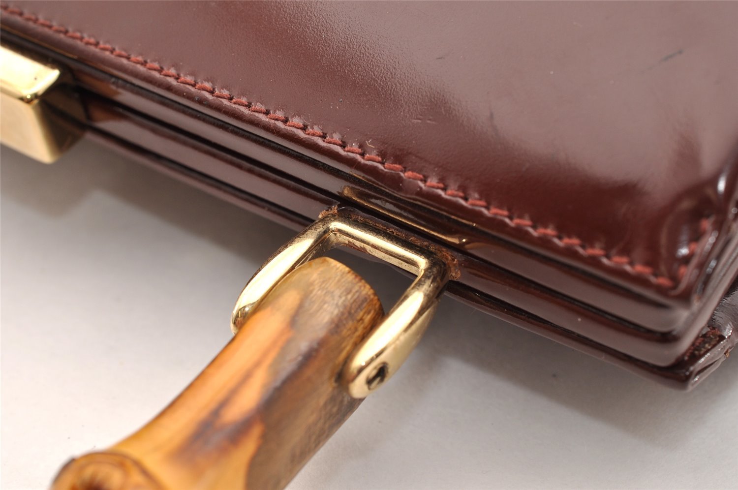 Authentic GUCCI Bamboo Hand Shoulder Bag Purse Enamel Bordeaux Red Junk 6324I