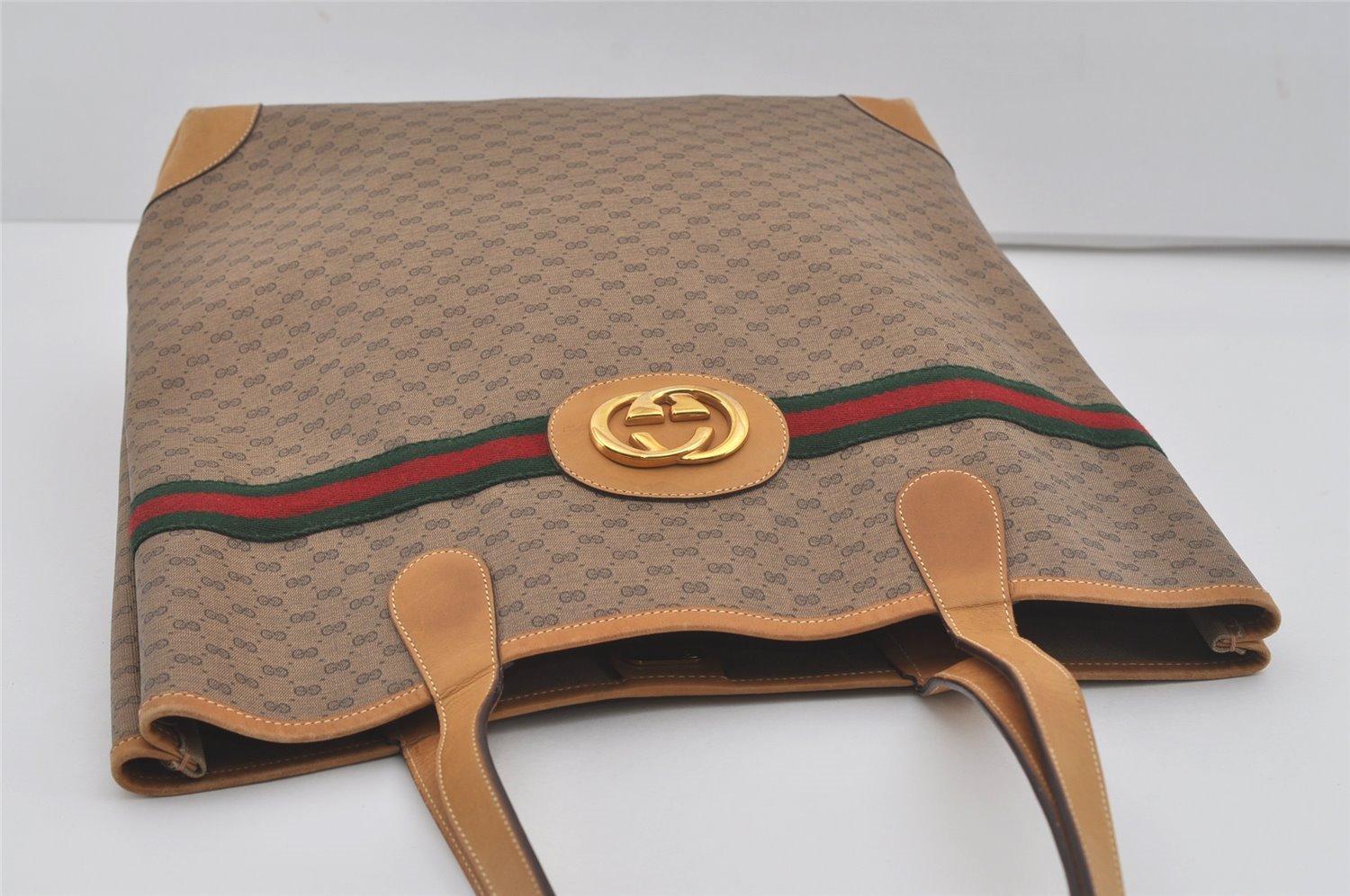 Authentic GUCCI Web Sherry Line Micro GG PVC Leather Tote Bag Brown 6332I