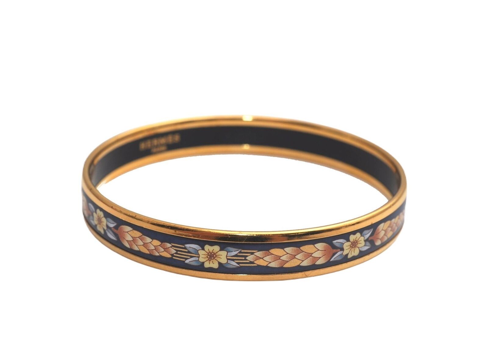 Authentic HERMES Email PM Bangle Flowers Motif Navy Blue Gold 6336B