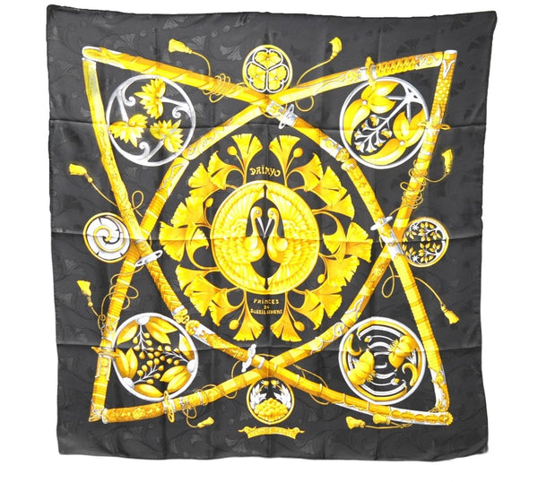 Authentic HERMES Carre 90 Scarf "PRINCES DU SOLEIL LEVANT" Silk Black PB 6344D