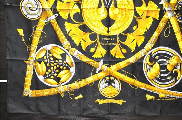 Authentic HERMES Carre 90 Scarf "PRINCES DU SOLEIL LEVANT" Silk Black PB 6344D