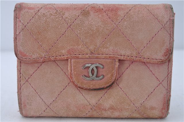 Authentic CHANEL Lamb Skin Matelasse CC Logo Coin Purse Pink 6364C