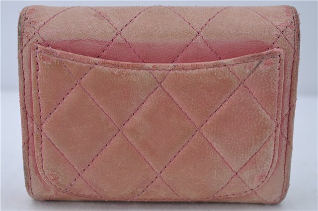 Authentic CHANEL Lamb Skin Matelasse CC Logo Coin Purse Pink 6364C