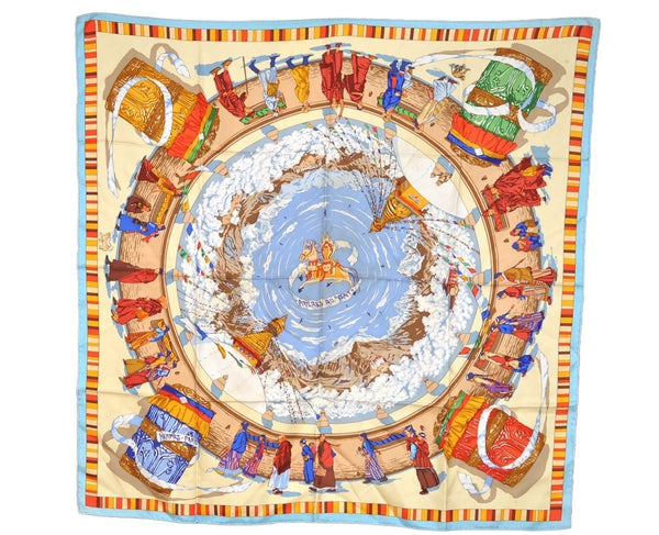 Authentic HERMES Carre 90 Scarf "PRIERES AU VENT" Silk Light Blue 6375I