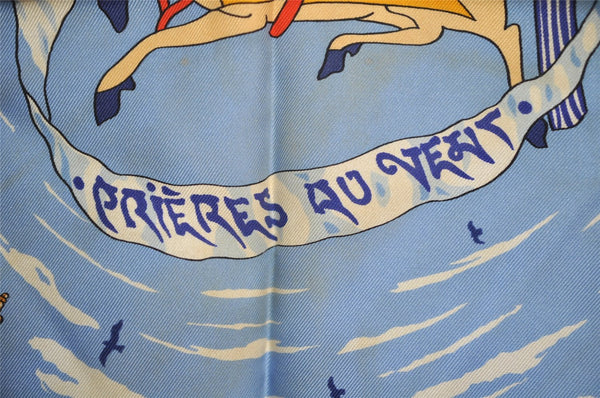 Authentic HERMES Carre 90 Scarf "PRIERES AU VENT" Silk Light Blue 6375I