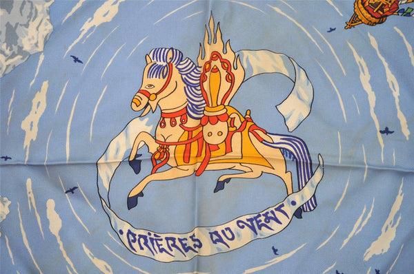 Authentic HERMES Carre 90 Scarf "PRIERES AU VENT" Silk Light Blue 6375I