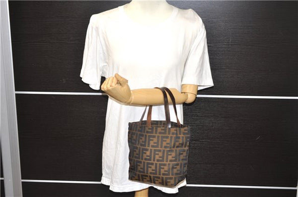 Authentic FENDI Vintage Zucca Hand Tote Bag Purse Nylon Leather Brown 6396E