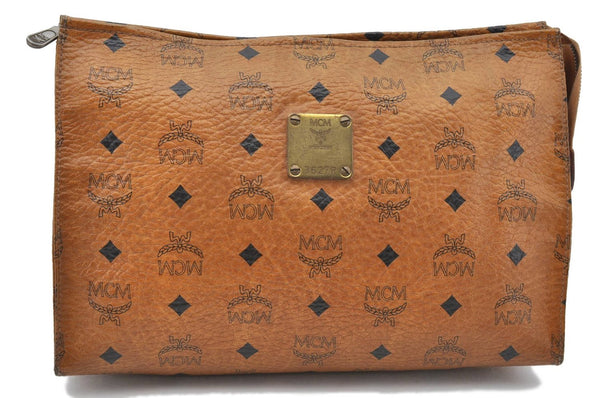Authentic MCM Visetos Leather Vintage Clutch Hand Bag Brown 6400C