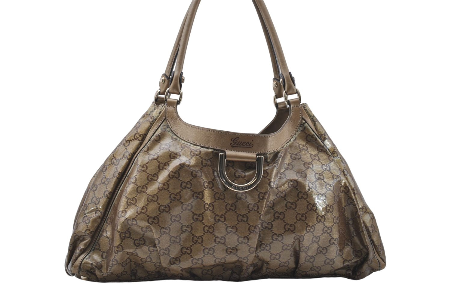 Authentic GUCCI GG Crystal Abbey Shoulder Tote Bag PVC Leather 189835 Gold 6417D