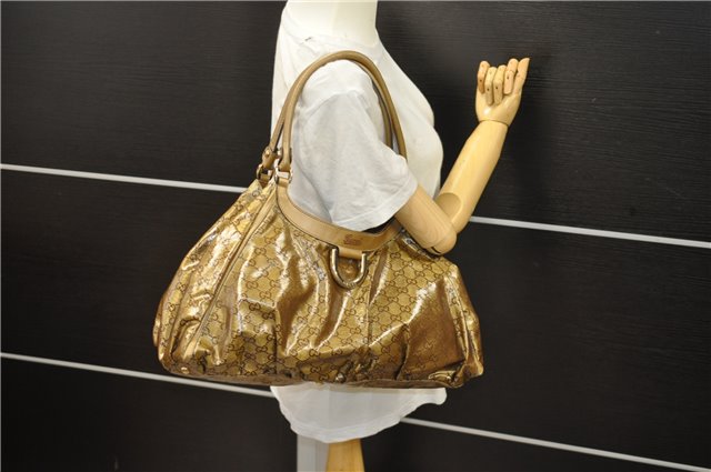 Authentic GUCCI GG Crystal Abbey Shoulder Tote Bag PVC Leather 189835 Gold 6417D