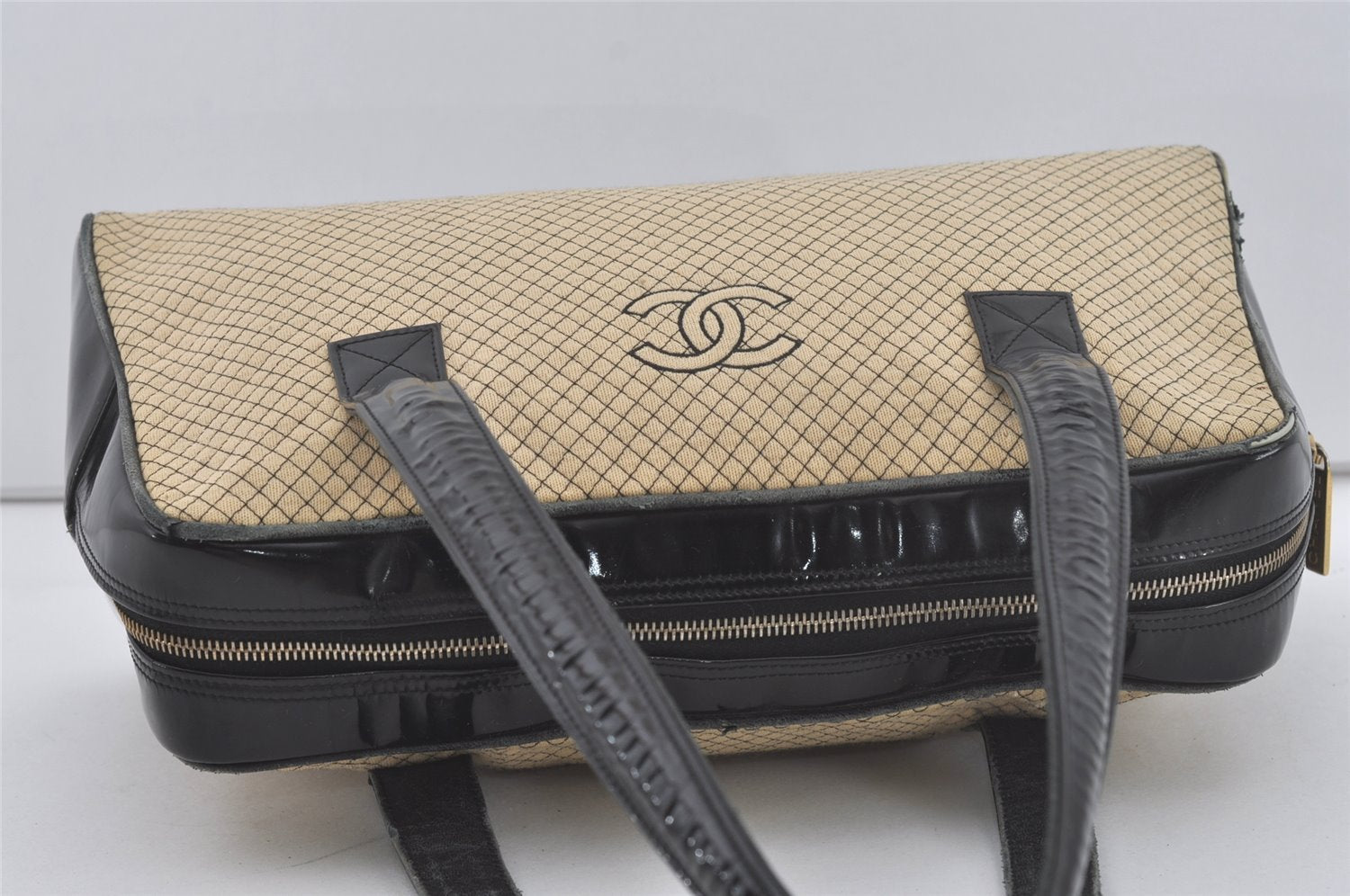 Authentic CHANEL Micro Mini Matelasse Cotton Enamel Shoulder Bag Beige 6417I