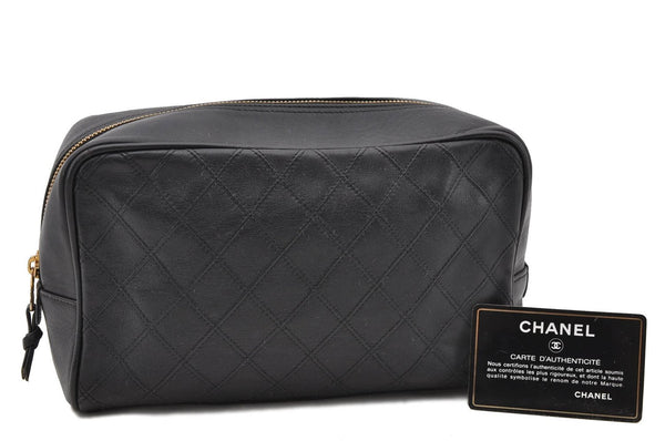 Authentic CHANEL Bicolore Calf Skin Cosmetic Pouch Purse Black 6420C