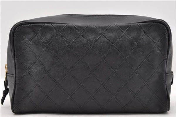 Authentic CHANEL Bicolore Calf Skin Cosmetic Pouch Purse Black 6420C