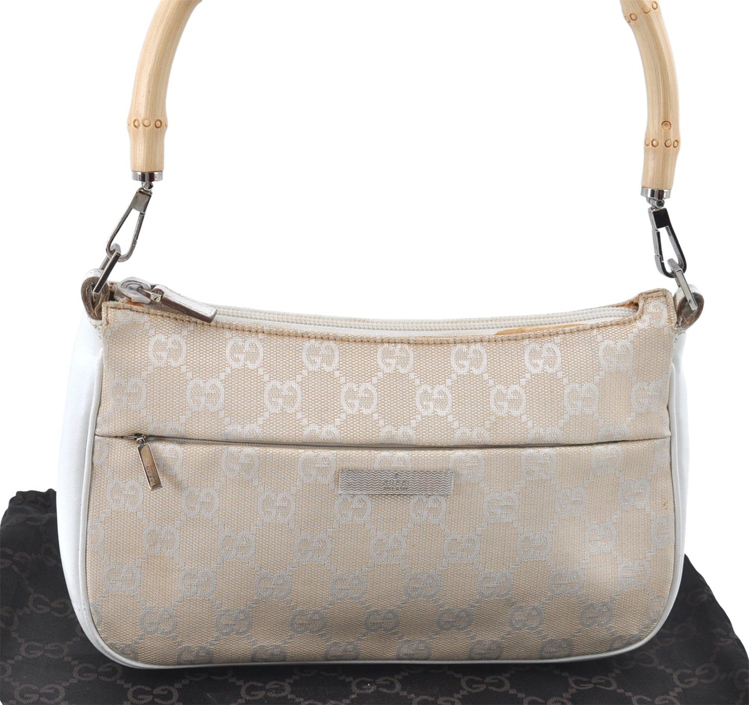 Authentic GUCCI Bamboo Shoulder Hand Bag Purse Canvas Leather Beige White 6425C