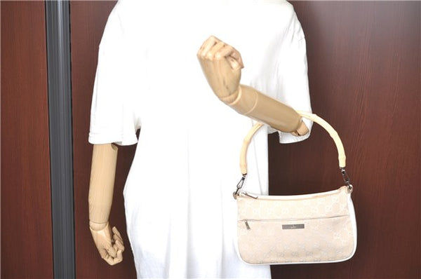 Authentic GUCCI Bamboo Shoulder Hand Bag Purse Canvas Leather Beige White 6425C