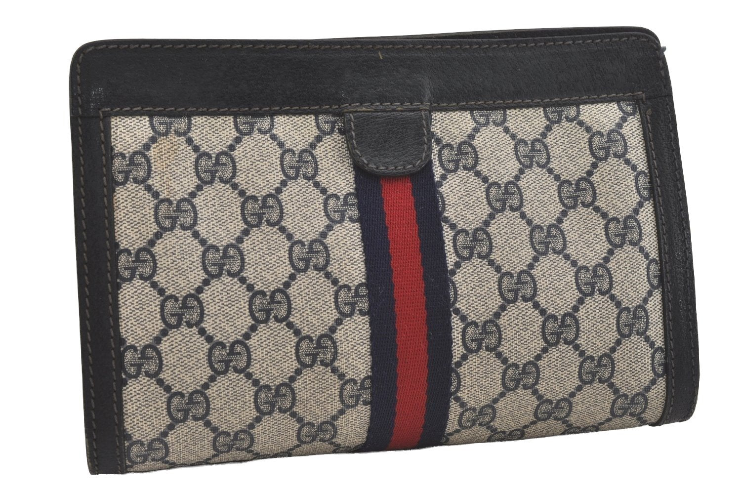 Authentic GUCCI Sherry Line Clutch Hand Bag Purse GG PVC Leather Navy Blue 6438I