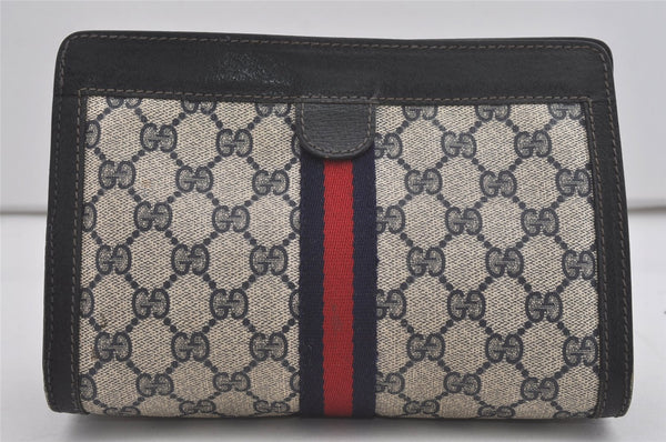 Authentic GUCCI Sherry Line Clutch Hand Bag Purse GG PVC Leather Navy Blue 6438I