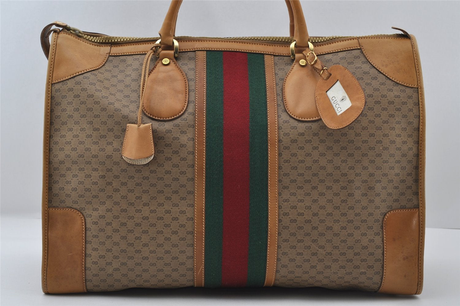 Authentic GUCCI Web Sherry Line Micro GG Boston Bag PVC Leather Brown 6439I