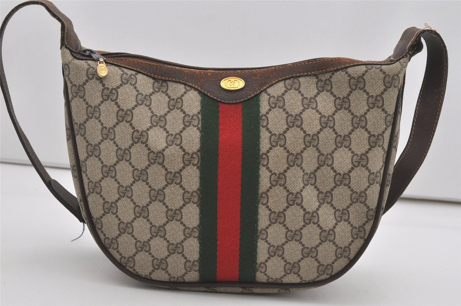 Authentic GUCCI Web Sherry Line Shoulder Cross Bag GG PVC Leather Brown 6442I