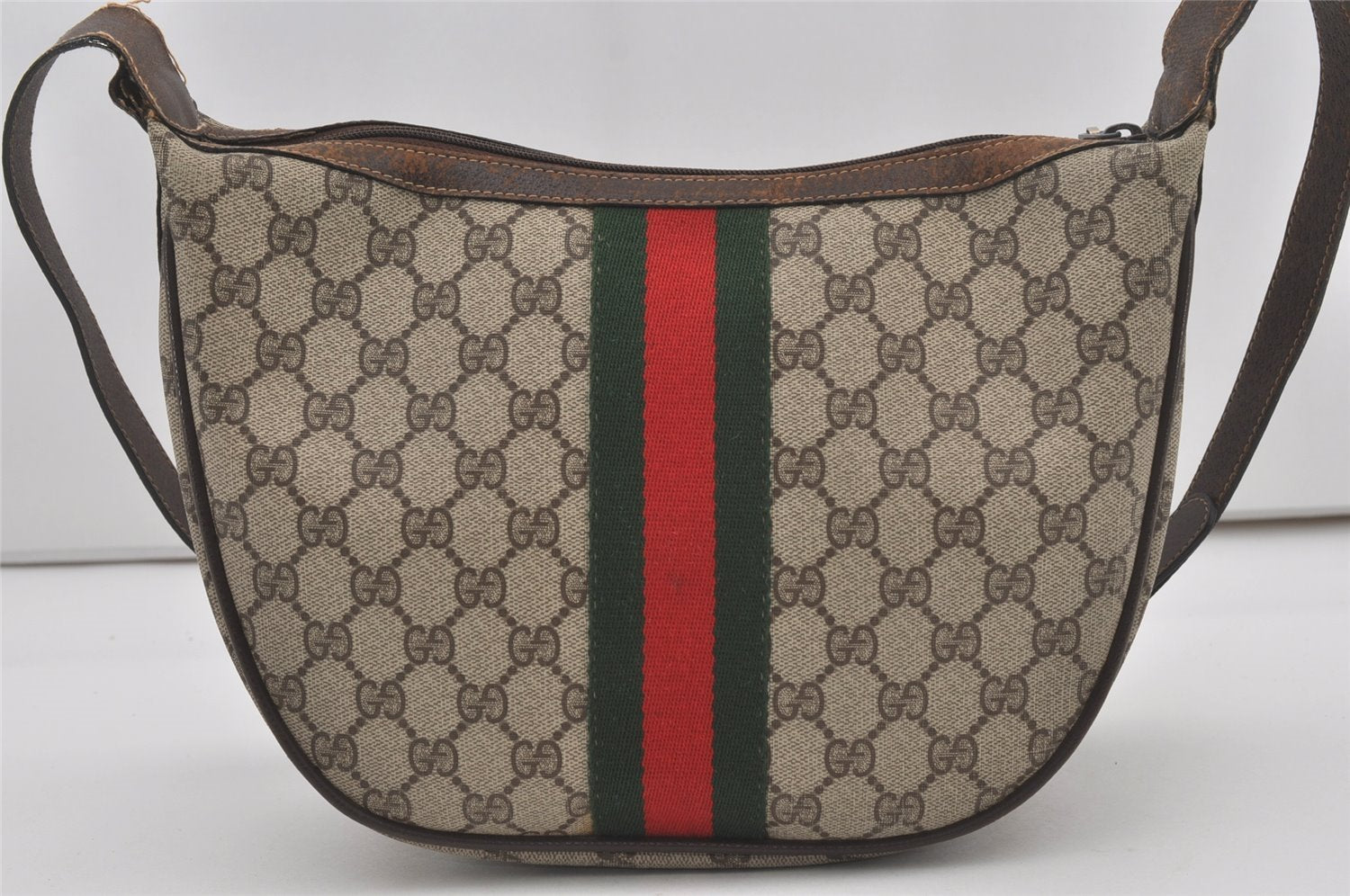 Authentic GUCCI Web Sherry Line Shoulder Cross Bag GG PVC Leather Brown 6442I