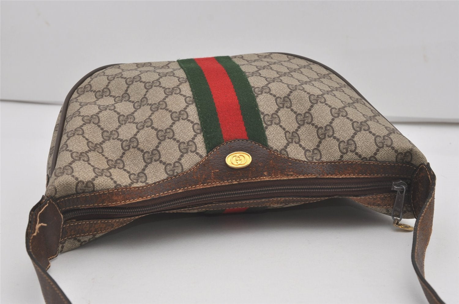Authentic GUCCI Web Sherry Line Shoulder Cross Bag GG PVC Leather Brown 6442I