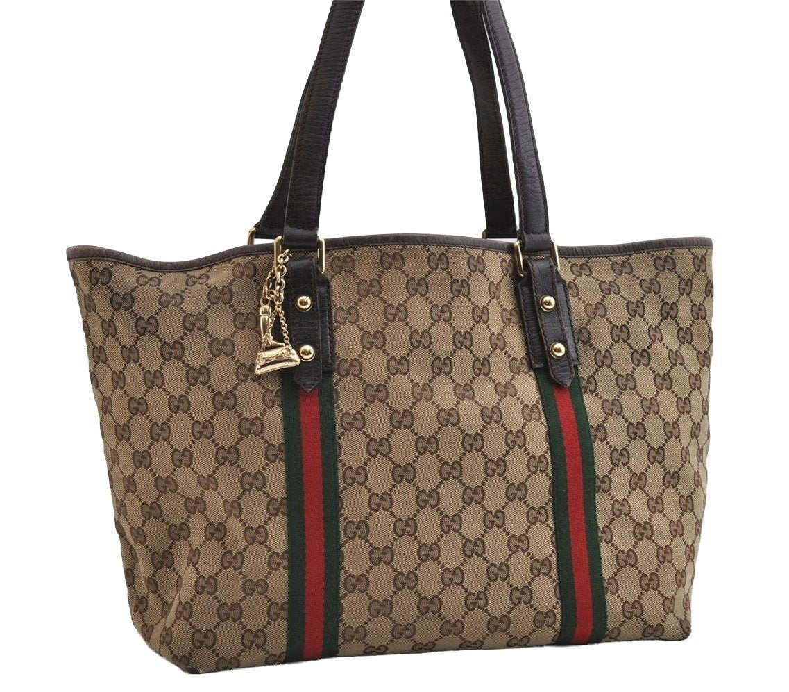 Authentic GUCCI Web Sherry Line Tote Bag GG Canvas Leather 139260 Brown 6462I