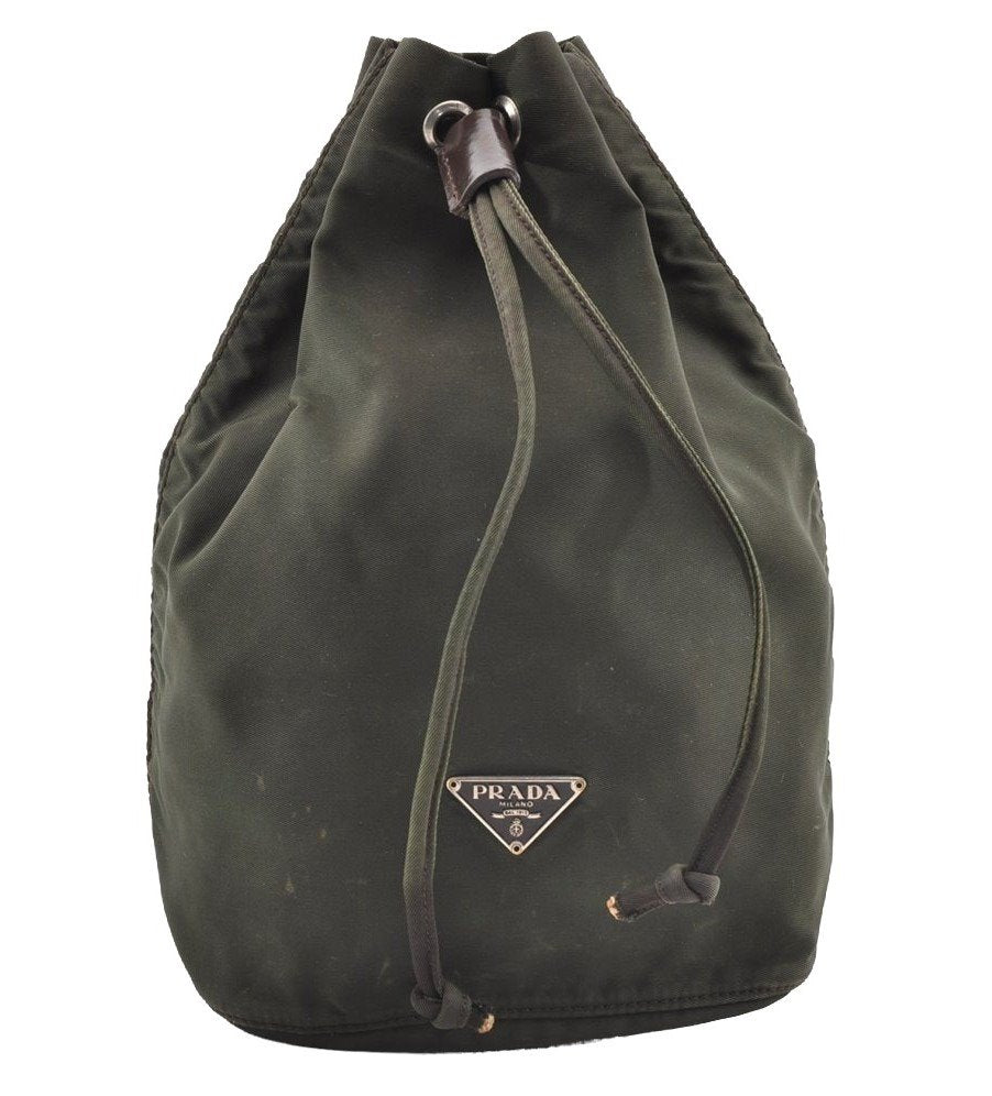 Authentic PRADA Nylon Tessuto Leather Drawstring Bag Purse Khaki Green 6488I