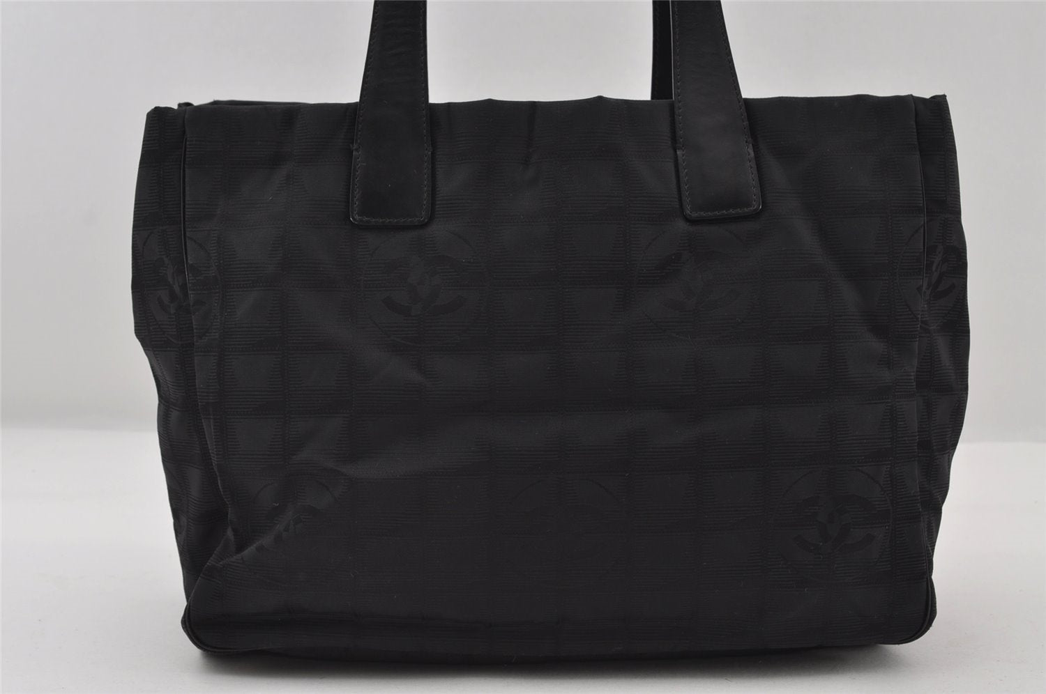 Authentic CHANEL New Travel Line Shoulder Tote Bag Nylon Leather Black 6508I