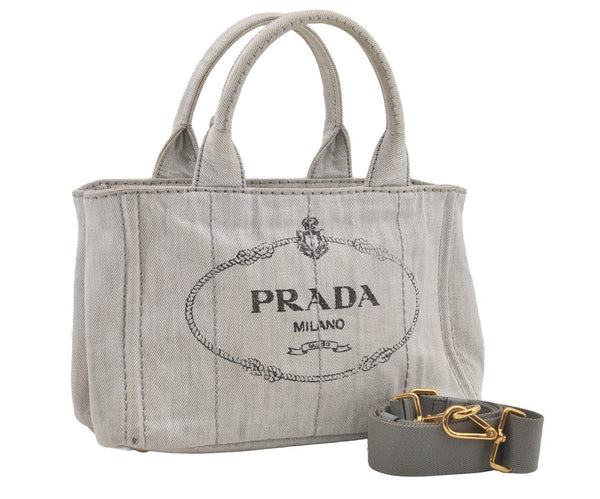 Authentic PRADA Vintage Canapa SS Denim 2Way Shoulder Hand Bag Purse White 6510I