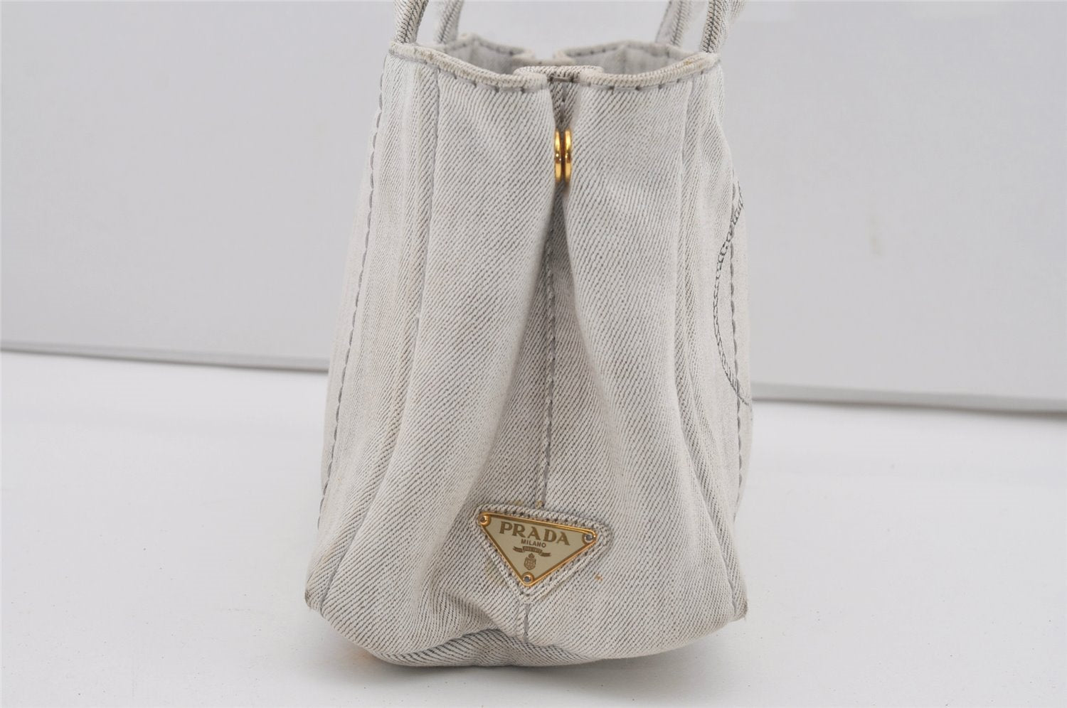 Authentic PRADA Vintage Canapa SS Denim 2Way Shoulder Hand Bag Purse White 6510I