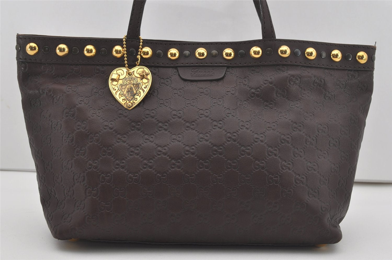 Authentic GUCCI Heart Crest Guccissima Tote Bag GG Leather 207291 Brown 6536I