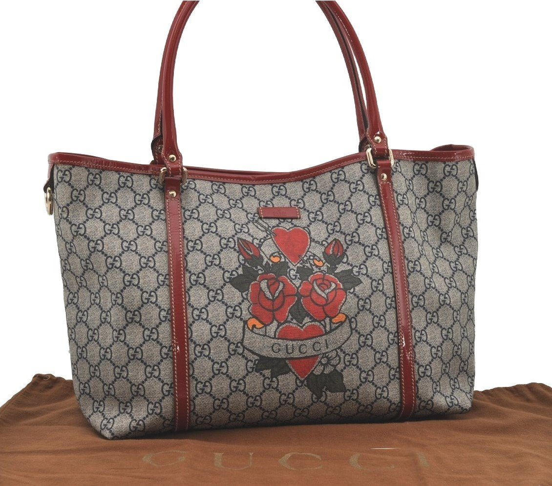 Authentic GUCCI Heart Tattoo Shoulder Tote Bag GG PVC Enamel 197953 Navy 6539I