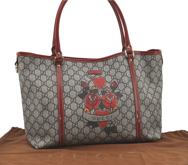 Authentic GUCCI Heart Tattoo Shoulder Tote Bag GG PVC Enamel 197953 Navy 6539I