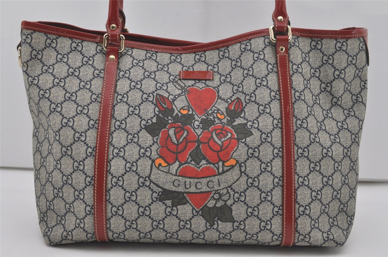 Authentic GUCCI Heart Tattoo Shoulder Tote Bag GG PVC Enamel 197953 Navy 6539I