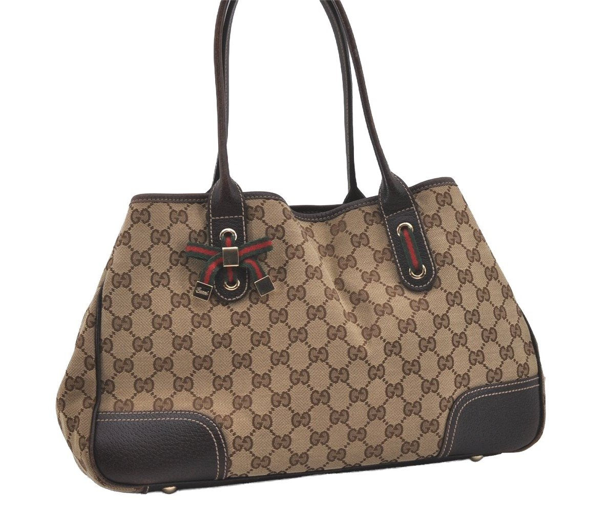 Authentic GUCCI Web Sherry Line Princy Ribbon Tote Bag Canvas 163805 Brown 6540I