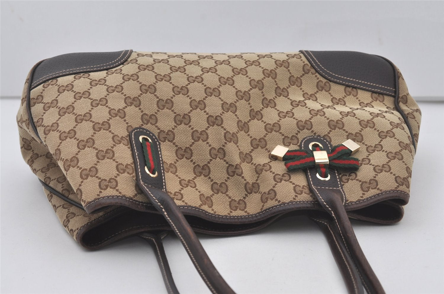 Authentic GUCCI Web Sherry Line Princy Ribbon Tote Bag Canvas 163805 Brown 6540I