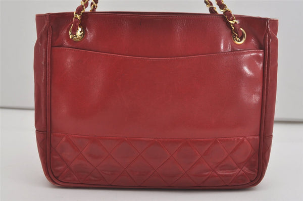 Authentic CHANEL Lamb Skin Matelasse Chain Shoulder Tote Bag Red CC 6544I