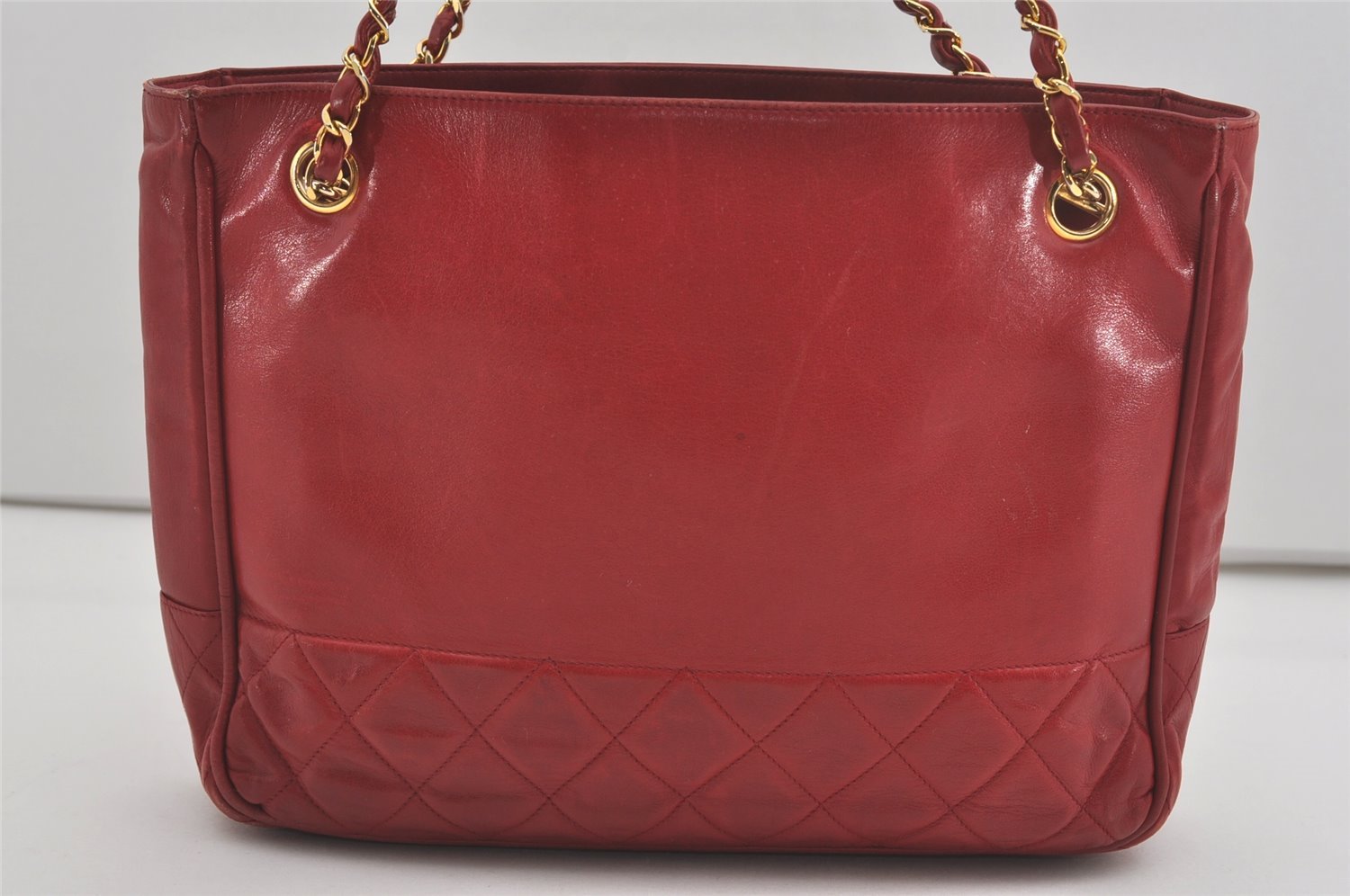 Authentic CHANEL Lamb Skin Matelasse Chain Shoulder Tote Bag Red CC 6544I