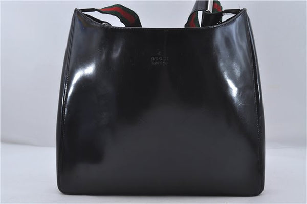 Authentic GUCCI Web Sherry Line Shoulder Cross Body Bag Enamel Black 6551D