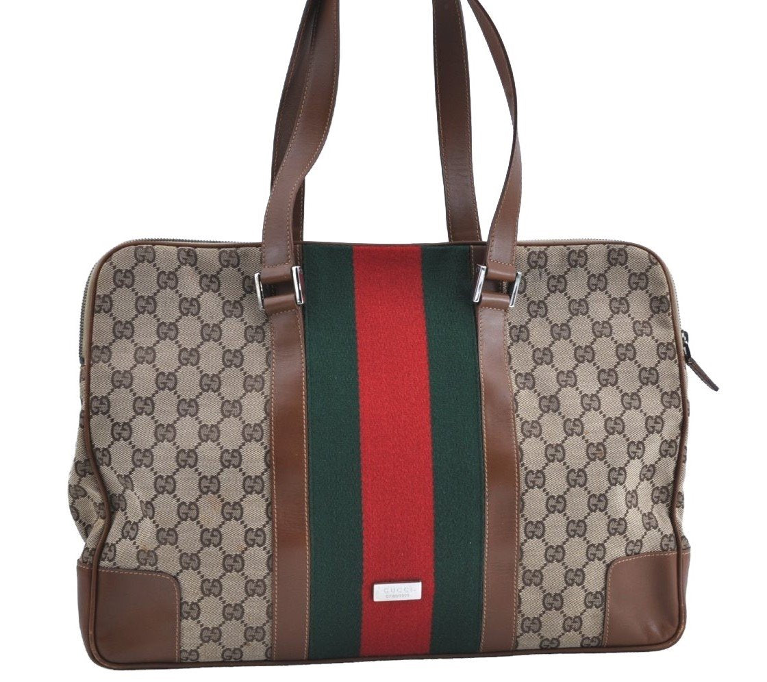 Authentic GUCCI Web Sherry Line Shoulder Bag GG Canvas Leather Brown 6555H