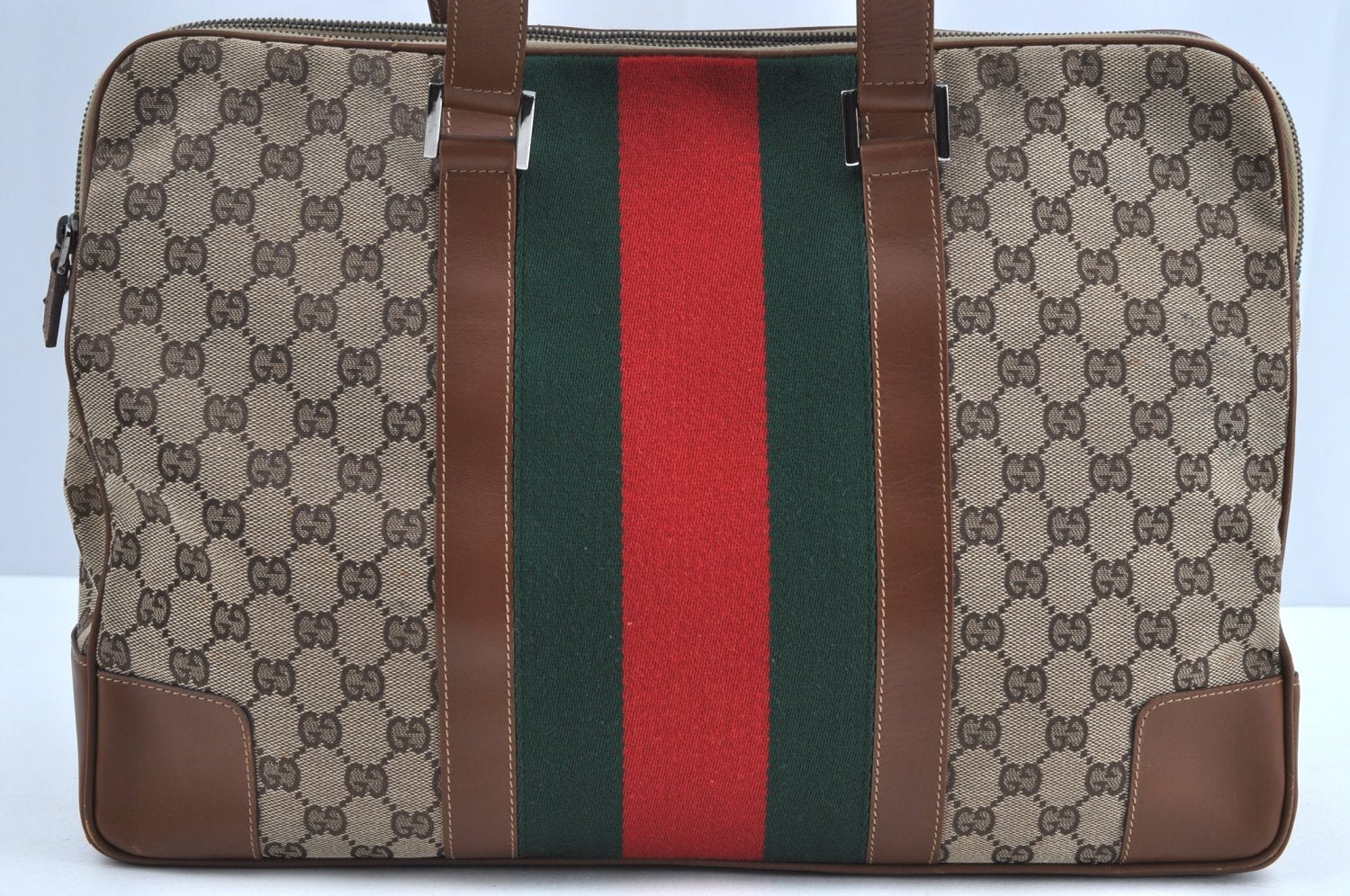 Authentic GUCCI Web Sherry Line Shoulder Bag GG Canvas Leather Brown 6555H